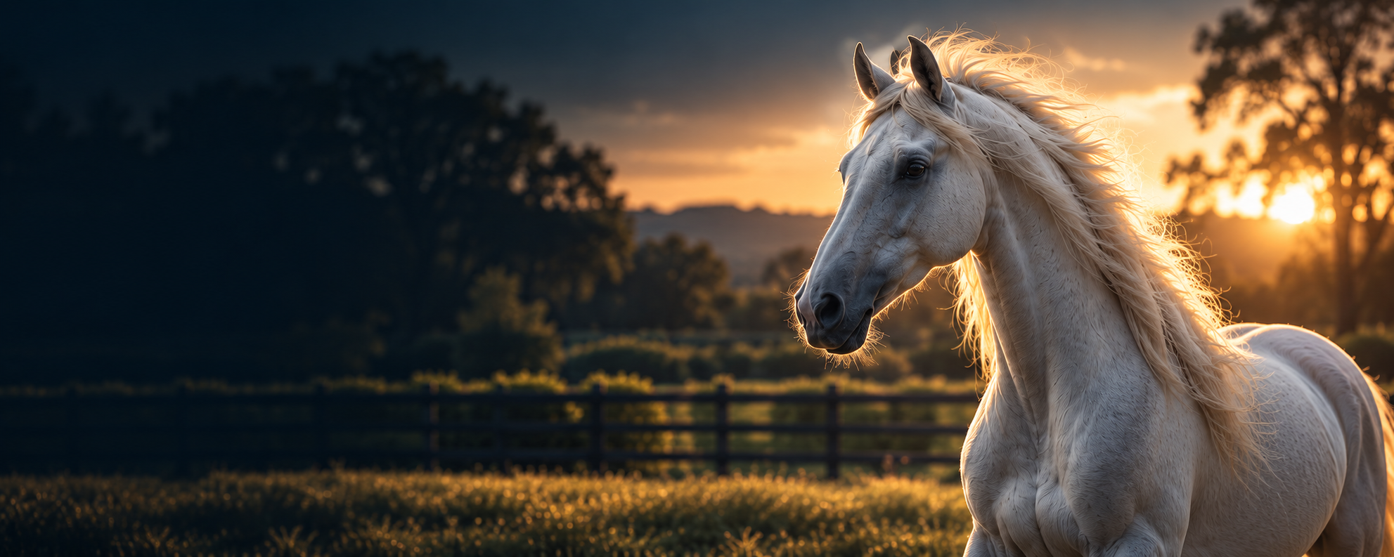 A light grey Arabian mare in a stud paddock at golden hour